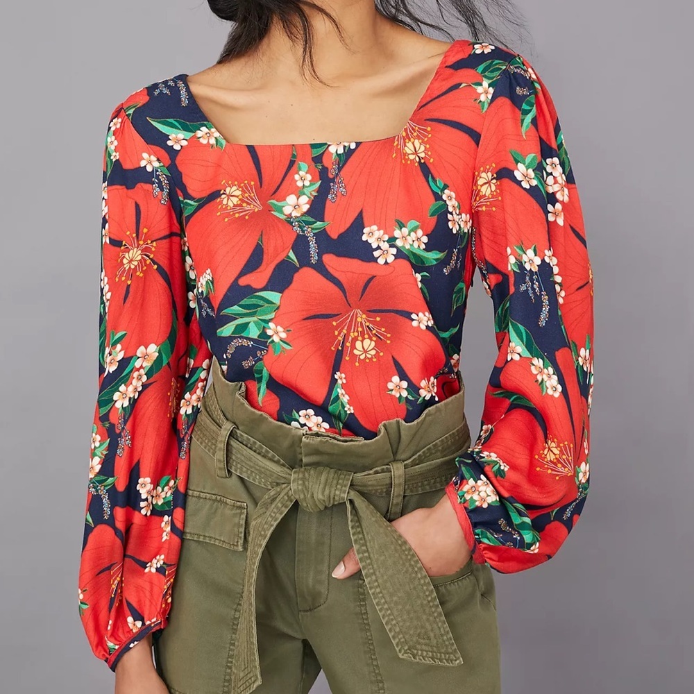 Farm Rio Anthropologie Anouk Floral Blouse in Red Floral Print NWT